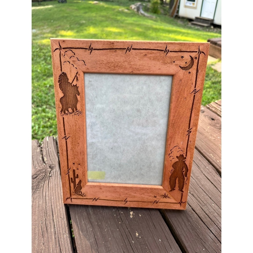 Western Cowboy Indian Photo Frame Rustic Wood Decor Desert Scene
